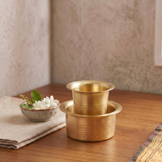 Brass Coffee Dabra Heavy | Matt Etching Design Traditional Indian Coffee Cup Set