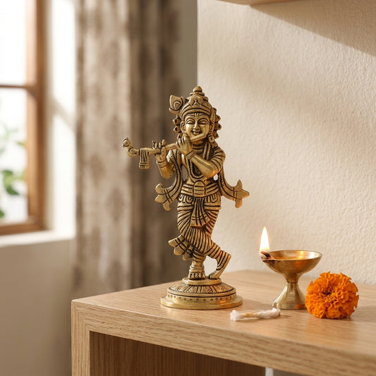 Brass Lord Krishna Idol | Premium Brass Krishna Murti for Home Temple & Spiritual Décor