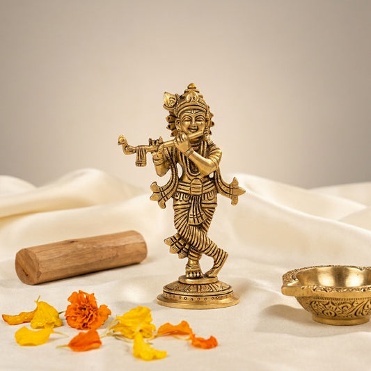 Brass Lord Krishna Idol | Premium Brass Krishna Murti for Home Temple & Spiritual Décor