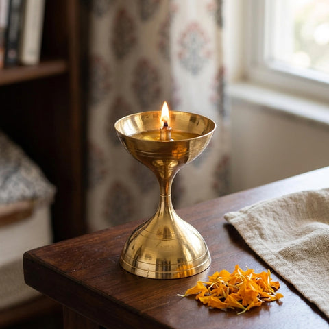 Brass Kamal Nanda Deep MW No.4 | Lotus Design Traditional Oil Lamp for Puja & Home Temple