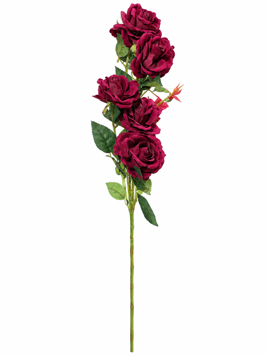 Burgundy Rose Spray on Green Stem - Artificial Silk Flower Branch