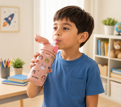 ATR Kinder/Jolly Kids Stainless Steel Insulated Water Bottle | Leakproof Vacuum Flask with One-Touch Lid | Cute Animal Print | BPA-Free | Pink