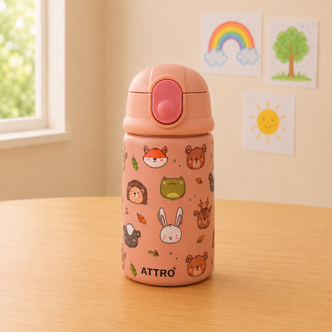 ATR Kinder/Jolly Kids Stainless Steel Insulated Water Bottle | Leakproof Vacuum Flask with One-Touch Lid | Cute Animal Print | BPA-Free | Pink