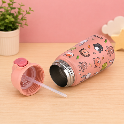 ATR Kinder/Jolly Kids Stainless Steel Insulated Water Bottle | Leakproof Vacuum Flask with One-Touch Lid | Cute Animal Print | BPA-Free | Pink