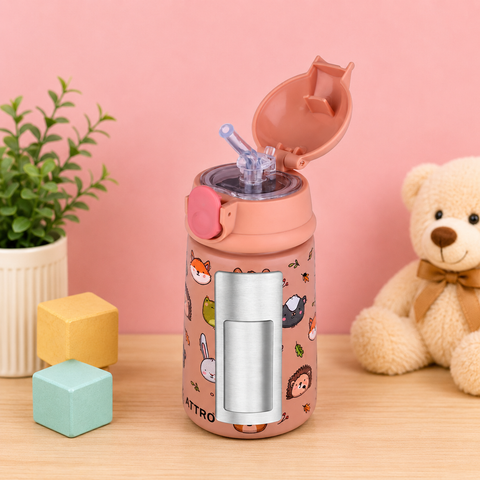 ATR Kinder/Jolly Kids Stainless Steel Insulated Water Bottle | Leakproof Vacuum Flask with One-Touch Lid | Cute Animal Print | BPA-Free | Pink