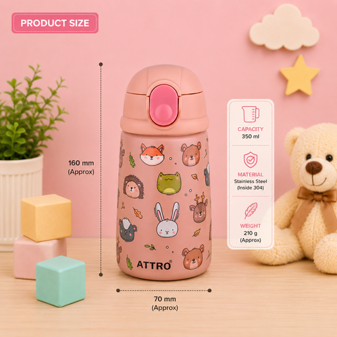 ATR Kinder/Jolly Kids Stainless Steel Insulated Water Bottle | Leakproof Vacuum Flask with One-Touch Lid | Cute Animal Print | BPA-Free | Pink