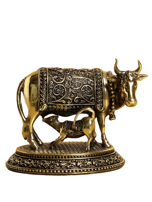 Small Brass 3D Fine Kamdhenu Cow with Calf Figurine |Auspicious Kamdhenu Cow with Calf Idol | Vastu Kamdhenu Cow with Calf Idol