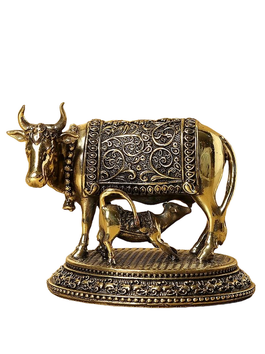 Small Brass 3D Fine Kamdhenu Cow with Calf Figurine |Auspicious Kamdhenu Cow with Calf Idol | Vastu Kamdhenu Cow with Calf Idol