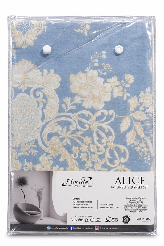 Bajaj Alice Cotton Single Bedsheet 155x235 cm - Soft Pillowcase Set