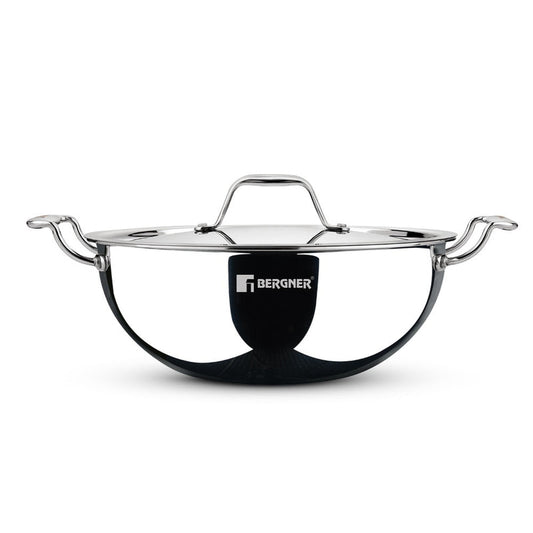 Bergner Triply Kadai 3.6L with Lid – Stainless Steel Deep Cooking Pot