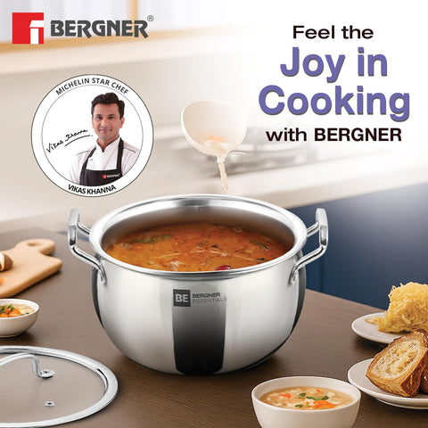 Bergner BE Essentials Tri-Ply Stainless Steel Rice Handi  24cm with Lid Handle & Knob | BGIN-6303