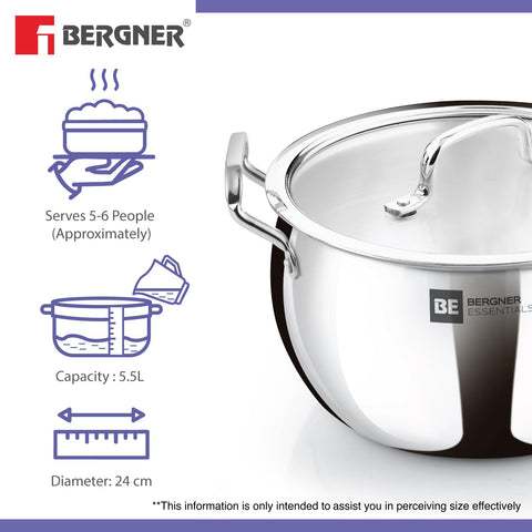 Bergner BE Essentials Tri-Ply Stainless Steel Rice Handi  24cm with Lid Handle & Knob | BGIN-6303