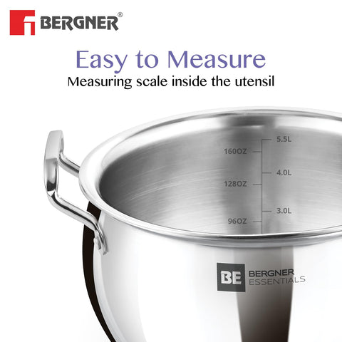 Bergner BE Essentials Tri-Ply Stainless Steel Rice Handi  24cm with Lid Handle & Knob | BGIN-6303