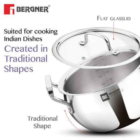 Bergner BE Essentials Tri-Ply Stainless Steel Rice Handi  24cm with Lid Handle & Knob | BGIN-6303