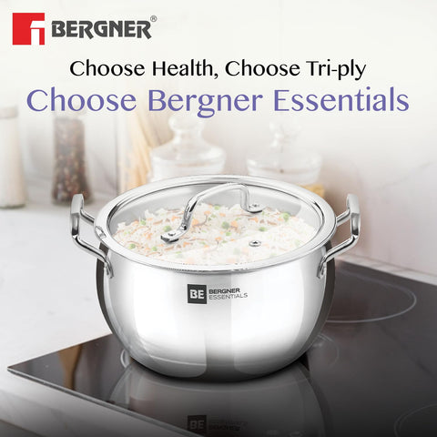 Bergner BE Essentials Tri-Ply Stainless Steel Rice Handi  24cm with Lid Handle & Knob | BGIN-6303