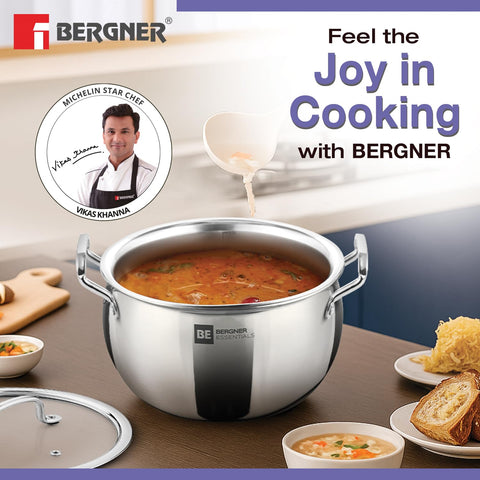 Bergner BE Essentials Tri-Ply Stainless Steel Rice Handi  28cm with Lid Handle & Knob | BGIN-6304
