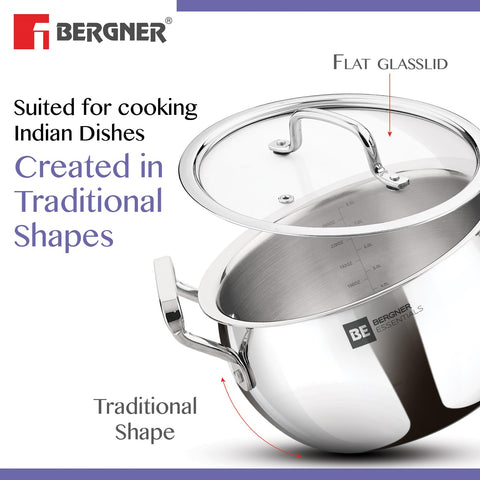 Bergner BE Essentials Tri-Ply Stainless Steel Rice Handi  28cm with Lid Handle & Knob | BGIN-6304