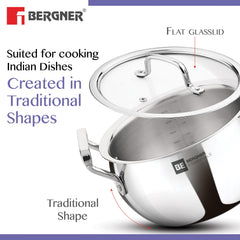 Bergner BE Essentials Tri-Ply Stainless Steel Rice Handi  28cm with Lid Handle & Knob | BGIN-6304