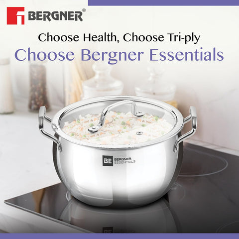 Bergner BE Essentials Tri-Ply Stainless Steel Rice Handi  28cm with Lid Handle & Knob | BGIN-6304