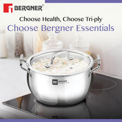 Bergner BE Essentials Tri-Ply Stainless Steel Rice Handi  28cm with Lid Handle & Knob | BGIN-6304