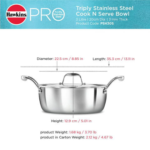 HAW.PRO TRI-PLY SS COOK N SERVE 3L W/SS LID PSC30S
