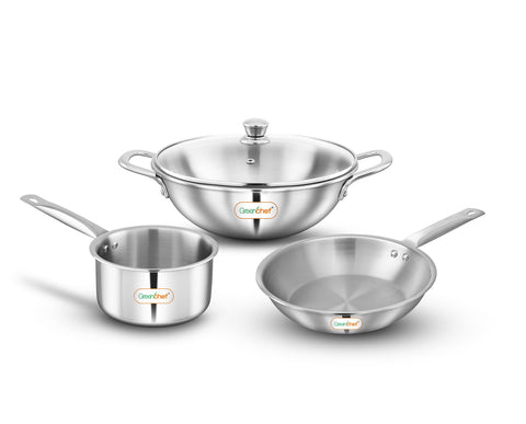 G.CHEF 6861 SMART SET TRIPLY COOKWARE COMBO (K 22CM + DEEP FP 22CM +SAUCEPAN 14CM + TADKA PAN)