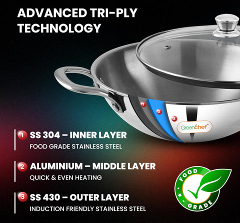 G.CHEF 6861 SMART SET TRIPLY COOKWARE COMBO (K 22CM + DEEP FP 22CM +SAUCEPAN 14CM + TADKA PAN)
