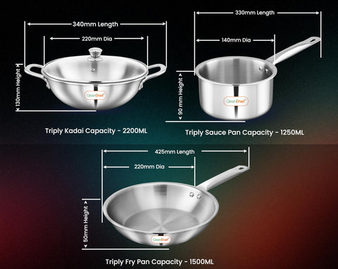 G.CHEF 6861 SMART SET TRIPLY COOKWARE COMBO (K 22CM + DEEP FP 22CM +SAUCEPAN 14CM + TADKA PAN)
