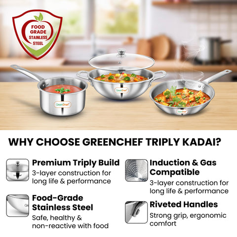 G.CHEF 6861 SMART SET TRIPLY COOKWARE COMBO (K 22CM + DEEP FP 22CM +SAUCEPAN 14CM + TADKA PAN)