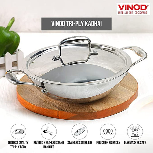 Vinod Platinum X Deep Kadai with Lid 4.8L 28cm – Stainless Steel Cookware