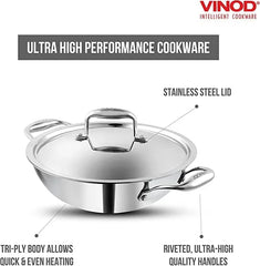 Vinod Platinum X Deep Kadai with Lid 4.8L 28cm – Stainless Steel Cookware