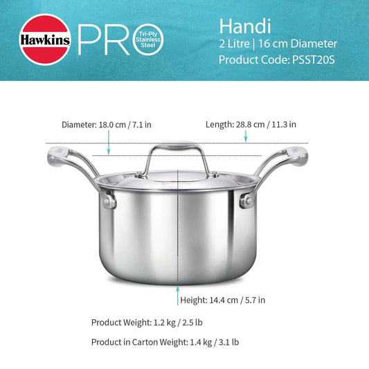 Hawkins Pro SS Tri-Ply Stewpot 2L with SS Lid – Stainless Steel Cookware