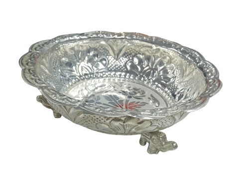 Silver Plated Sambhav Fancy Urli With Elephant , German Silver Decorative Fancy Urli Bowl With Elephant Silver Color