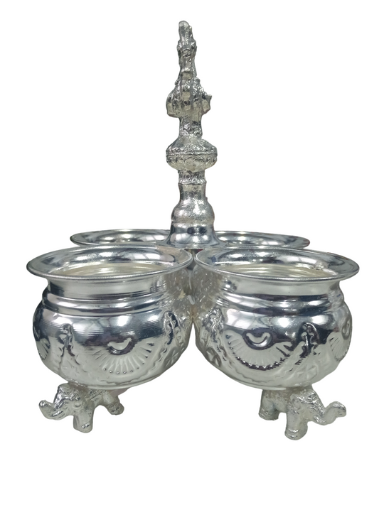 Silver Plated 4-cup Kumkum Barina with Elephant Leg |Pure Silver Plated 4-cup Panchwala with Elephant Leg