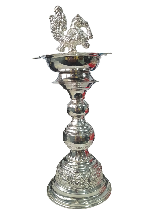 Silver Plated Divine Peacock Deepam | Silver Plated Standing Peacock Diya / Lamp