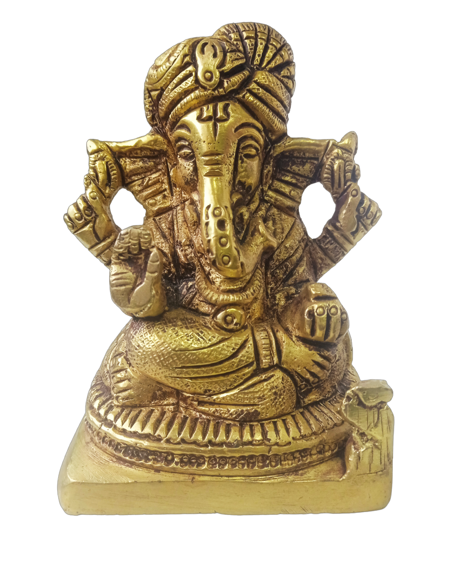 Antique Lord Ganesha/God Gajanana/Ganapati/Siddhivinayaka/Vinayaka/Vigneshwara Sitting with Turban Brass Idol Statue Showpiece