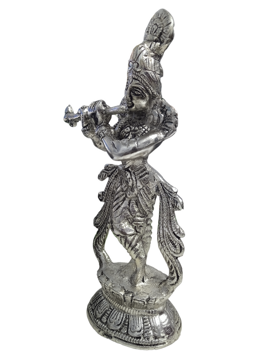 Hand Finished Divinity Collection Pewter Krishna Figurine Gift |Shri Krishna Playing on Flute - Brass Plated Statue - Color Silver