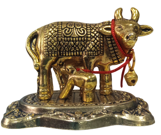 Gold Plated Kamdhenu Cow & Calf Figurine Idol for Home Decorative/Office/Gifting/Pooja Metal Showpiece Statue for Return gift