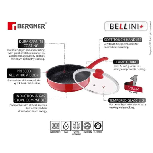 Bergner Bellini Plus 26cm 3.1L Red Non Stick Aluminium Deep Frypan with Glass Lid, BG-31276