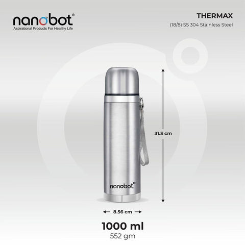 Nanobot SS Thermax Double Layer 24 Hours Hot/Cold Vacum Insulated Water Bottle 1000 ml Steel Flask (Pack of 1, Silver)