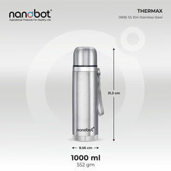 Nanobot SS Thermax Double Layer 24 Hours Hot/Cold Vacum Insulated Water Bottle 1000 ml Steel Flask (Pack of 1, Silver)