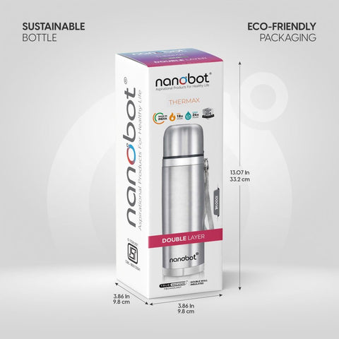 Nanobot SS Thermax Double Layer 24 Hours Hot/Cold Vacum Insulated Water Bottle 1000 ml Steel Flask (Pack of 1, Silver)