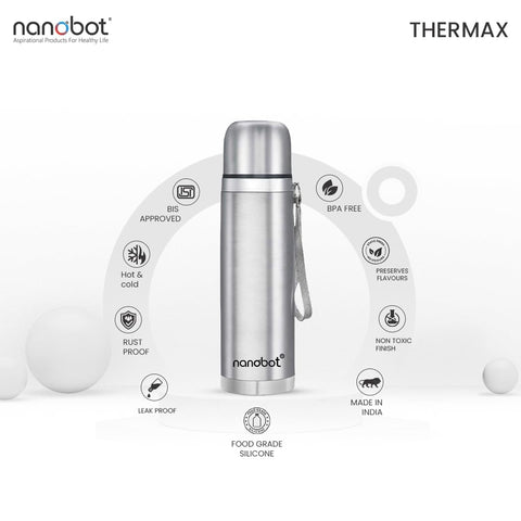 Nanobot SS Thermax Double Layer 24 Hours Hot/Cold Vacum Insulated Water Bottle 1000 ml Steel Flask (Pack of 1, Silver)