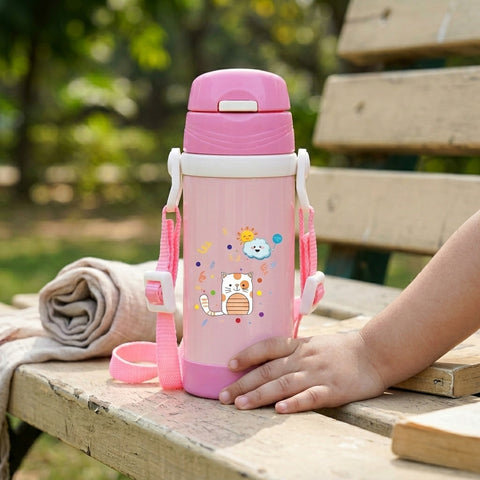 Signoraware Drizzle Kids Vacuum Bottle 350ml (SIG 4427) | Stainless Steel Insulated Water Bottle with Adjustable Strap | Leakproof One-Touch Sipper | BPA-Free | Pink