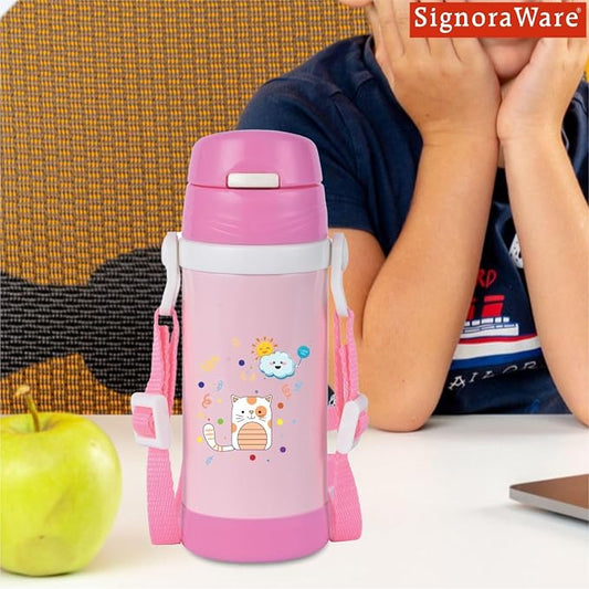 Signoraware Drizzle Kids Vacuum Bottle 350ml (SIG 4427) | Stainless Steel Insulated Water Bottle with Adjustable Strap | Leakproof One-Touch Sipper | BPA-Free | Pink