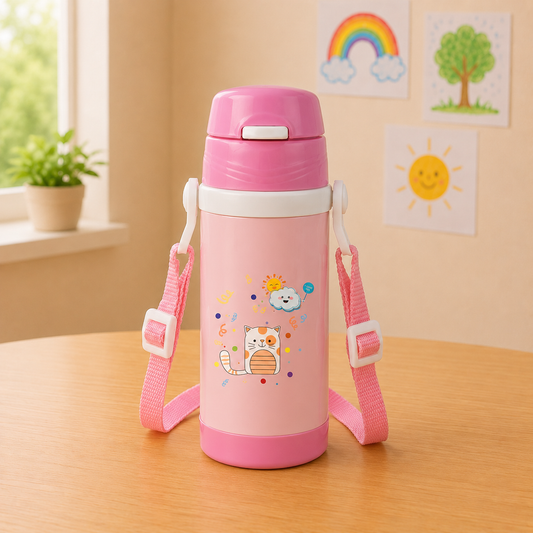 Signoraware Drizzle Kids Vacuum Bottle 350ml (SIG 4427) | Stainless Steel Insulated Water Bottle with Adjustable Strap | Leakproof One-Touch Sipper | BPA-Free | Pink