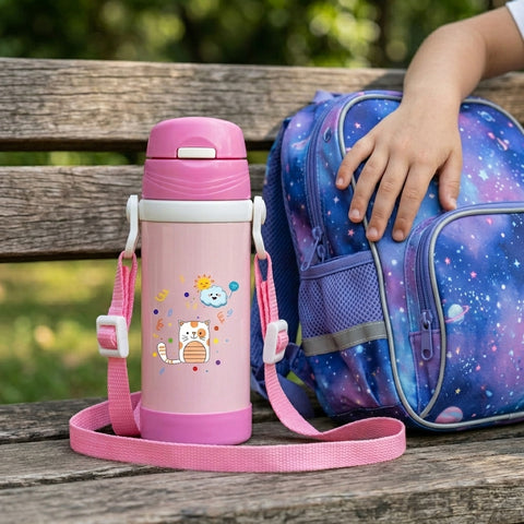 Signoraware Drizzle Kids Vacuum Bottle 350ml (SIG 4427) | Stainless Steel Insulated Water Bottle with Adjustable Strap | Leakproof One-Touch Sipper | BPA-Free | Pink