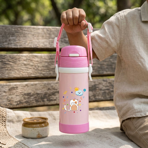 Signoraware Drizzle Kids Vacuum Bottle 350ml (SIG 4427) | Stainless Steel Insulated Water Bottle with Adjustable Strap | Leakproof One-Touch Sipper | BPA-Free | Pink