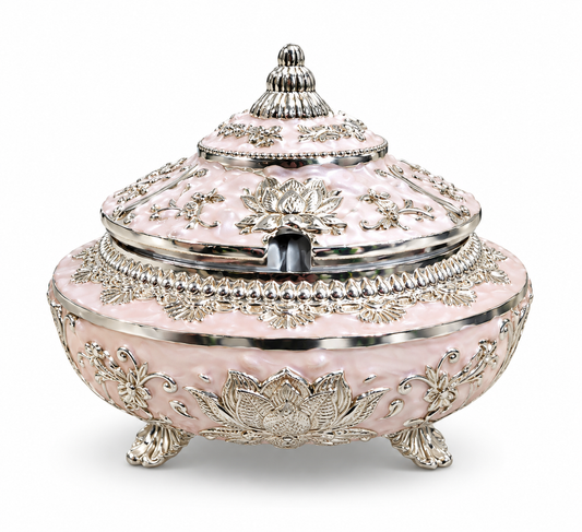 Ornate Pink Enamel Silver Bowl with Lid - Premium Gift Bowl Set