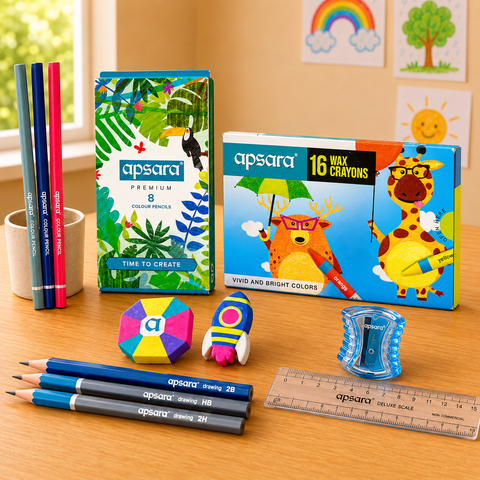 Apsara Ace Kit Premium School Stationery Set | All-in-One Writing & Colouring Kit for Kids | Pencils, Colour Pencils, Wax Crayons, Scale, Erasers & Sharpeners